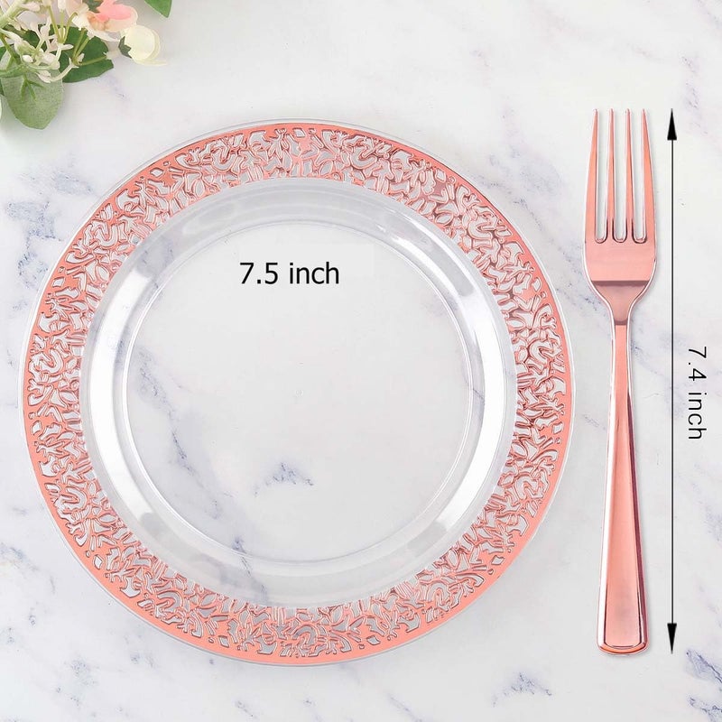I00000 72 Pcs Rose Gold Dessert Plates 7.5" & 72 Pcs Disposable Forks 7.4", Lace Design Plastic Salad Plate, Plastic Appetizer Plate for all Holidays Perfect for Party & Wedding - Image 5
